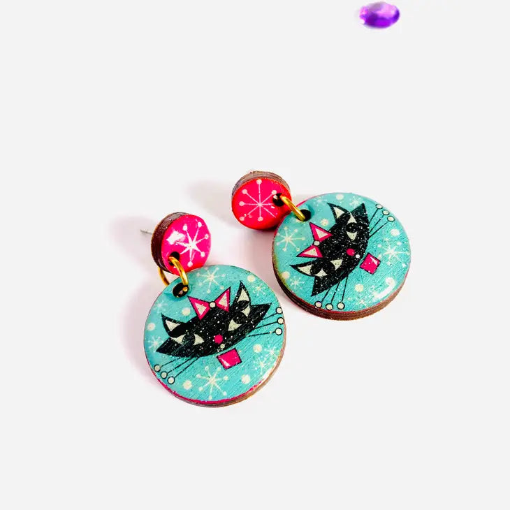 colourful quirky retro cat earrings