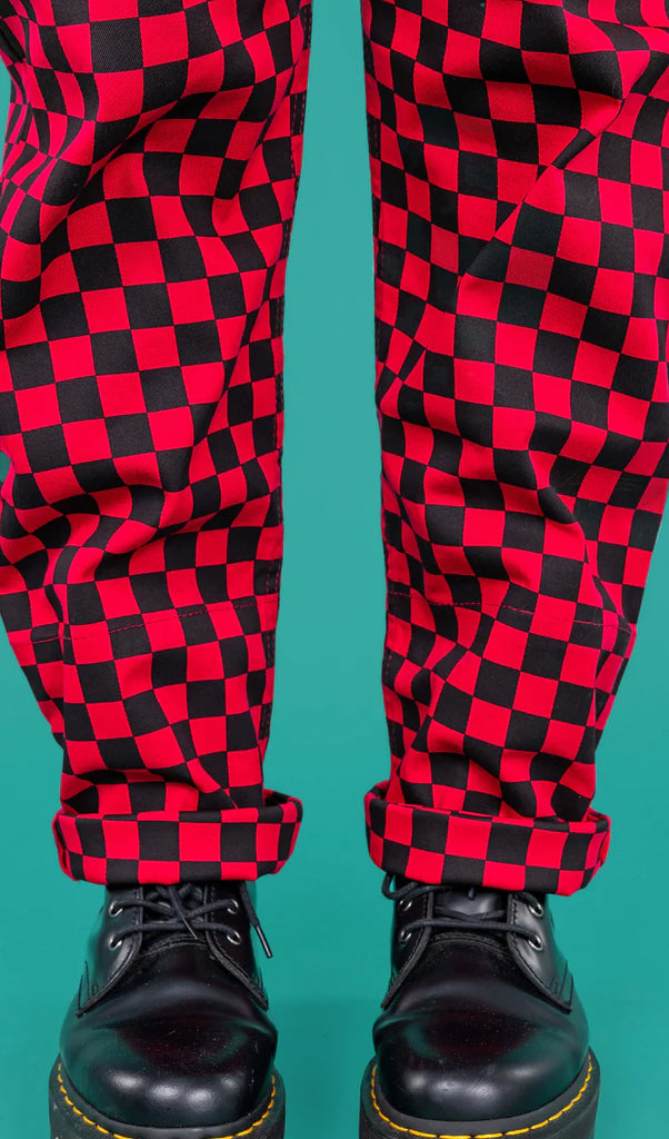 Run and fly red black checkerboard dungarees