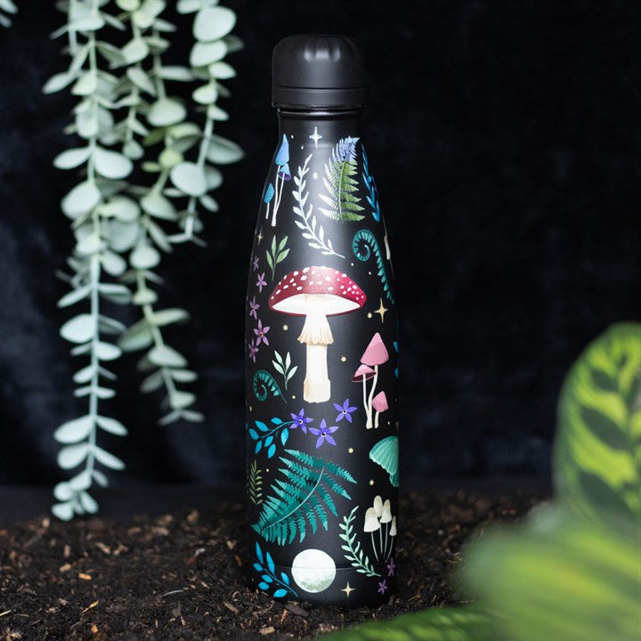 This metal water bottle at Captain Jellyfish features an all over pattern of woodland plants, leaves and mushrooms.