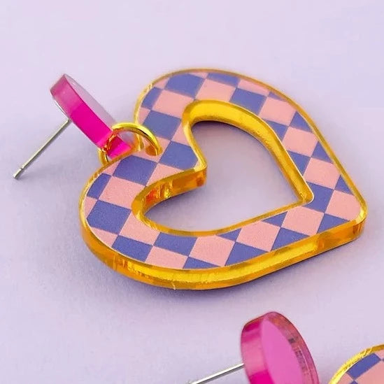 pink heart check acrylic earrings