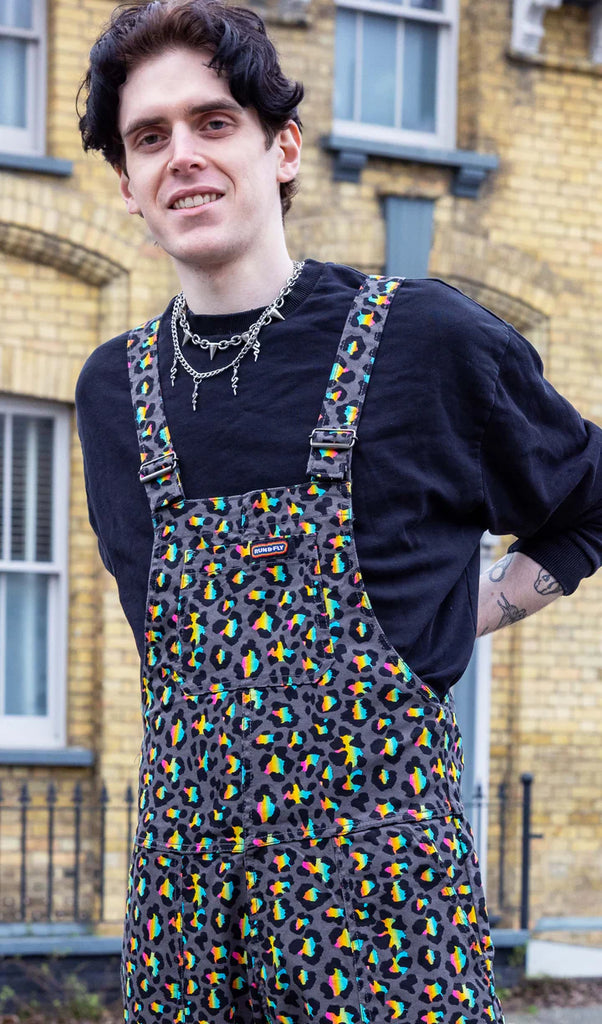 run and fly colourful printed dungarees