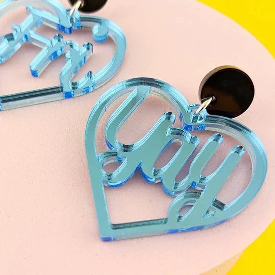 friday heart earrings blue acrylic 
