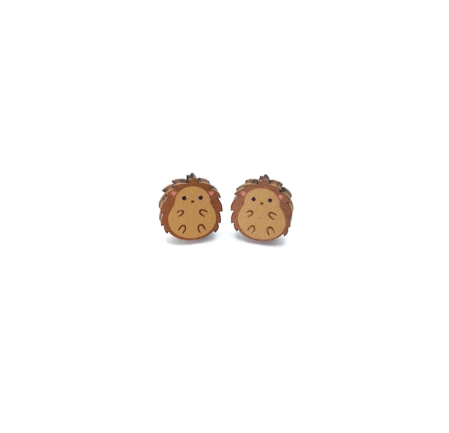 wooden eco hedgehog stud earrings