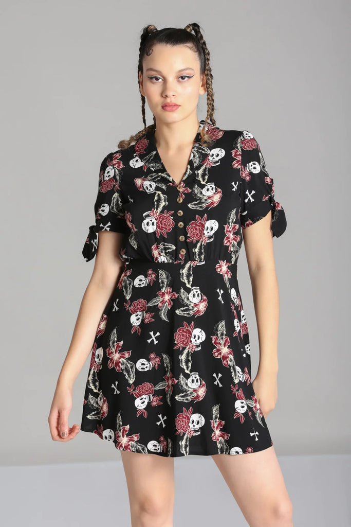 floral skull print black shirt dress goth