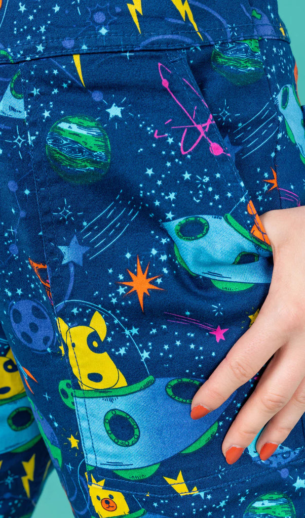 run and fly uk dogs in space print dungarees