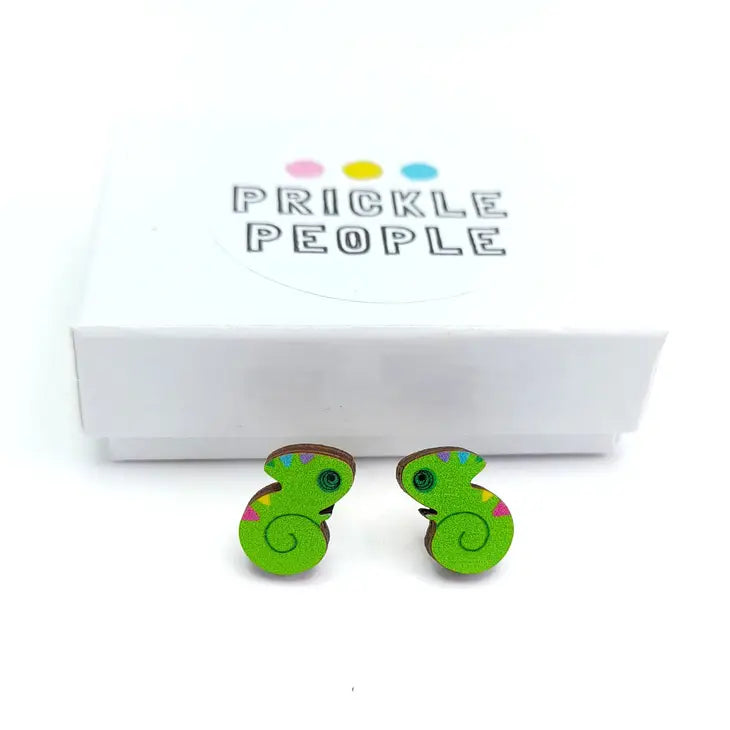 wooden chameleon stud earrings