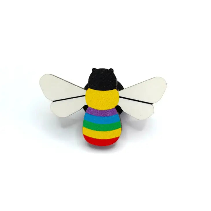 rainbow wooden bee pin badge