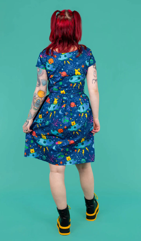 Dogs in Space Stretch Belted Tea Dress with Pockets Run And Fly UK