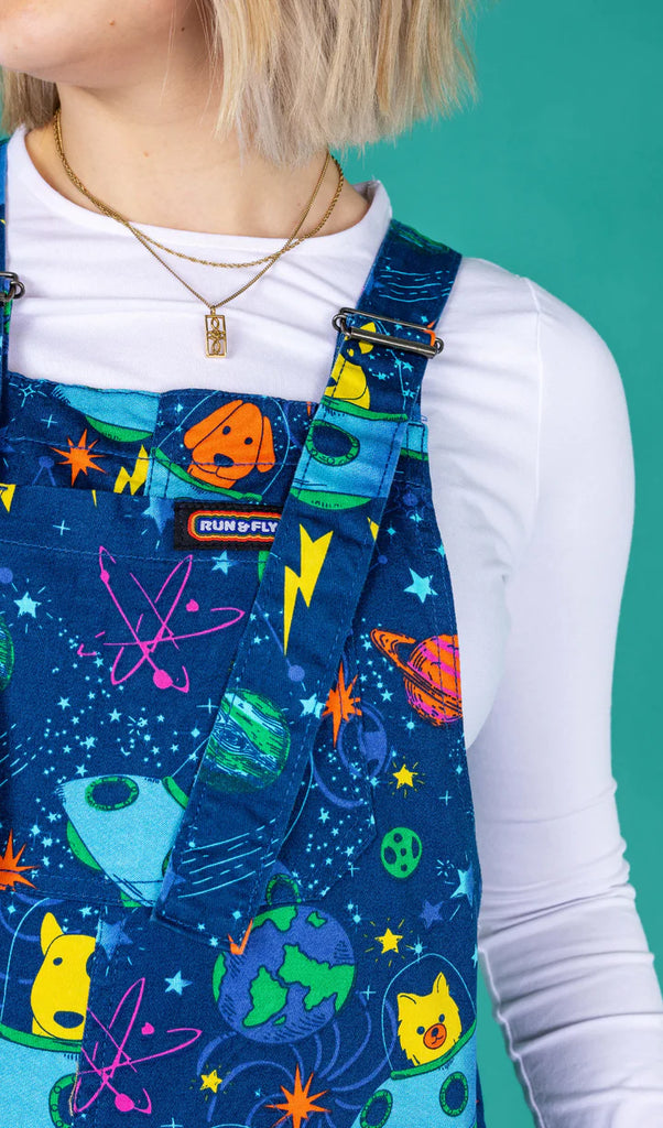 run and fly uk dogs in space print dungarees