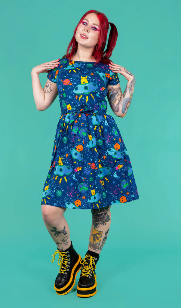 Funky Print Dress By Run and Fly. Dogs in Space Stretch Belted Tea Dress with Pockets