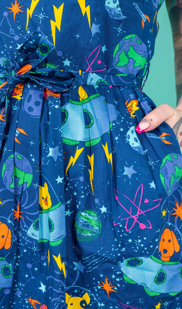 Dogs in Space Stretch Belted Tea Dress with Pockets Print