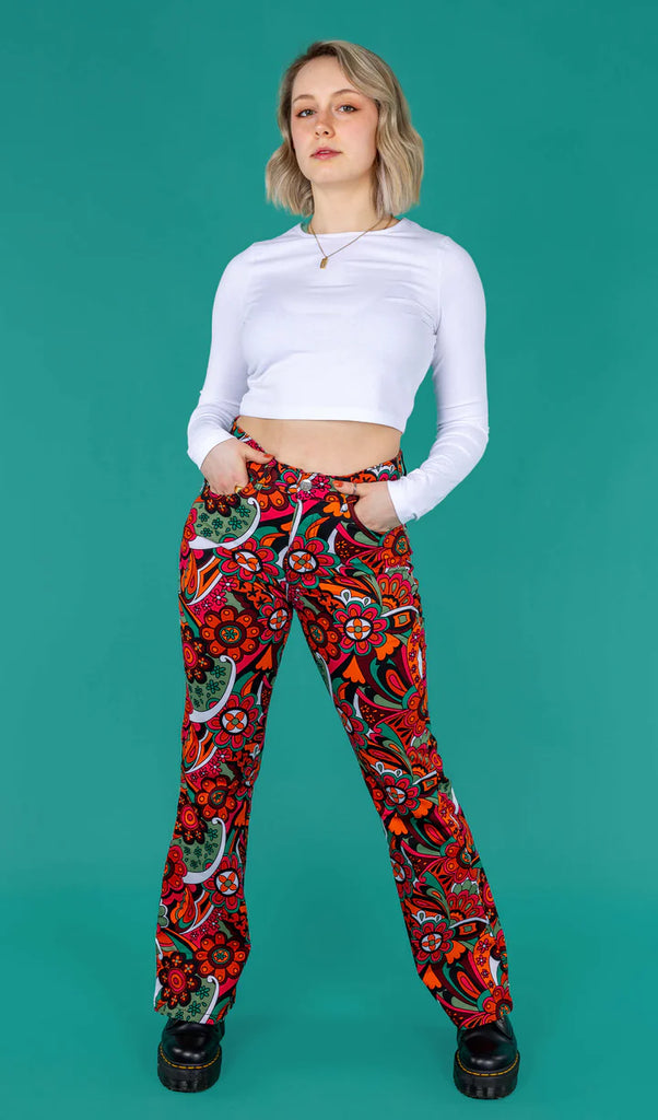 Run and Fly, Swirly, Floral, High Waisted Bell Bottom Flares