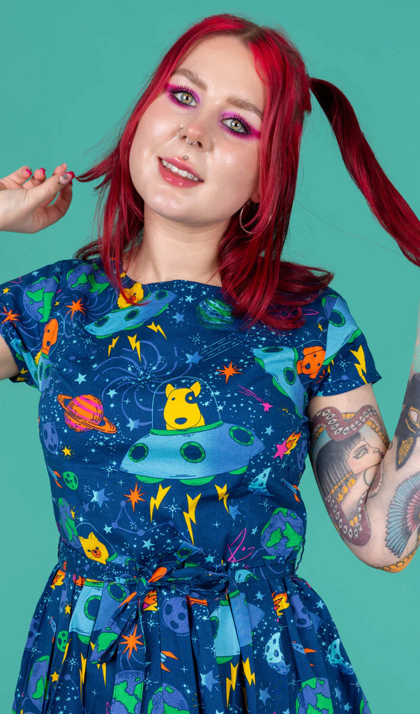 Dogs in Space Stretch Belted Tea Dress with Pockets by Run and Fly 