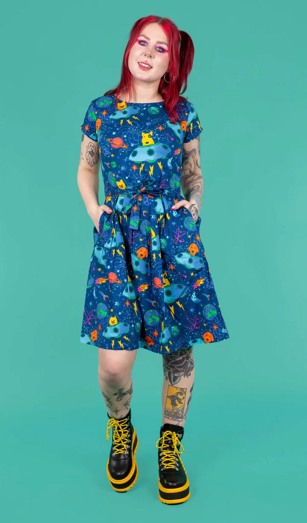 Run and Fly Dogs in Space Stretch Belted Tea Dress with Pockets