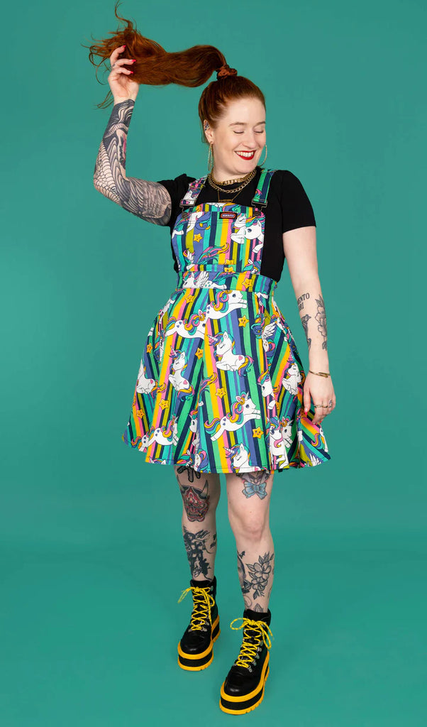rainbow pinafore dress with unicorns by run and fly