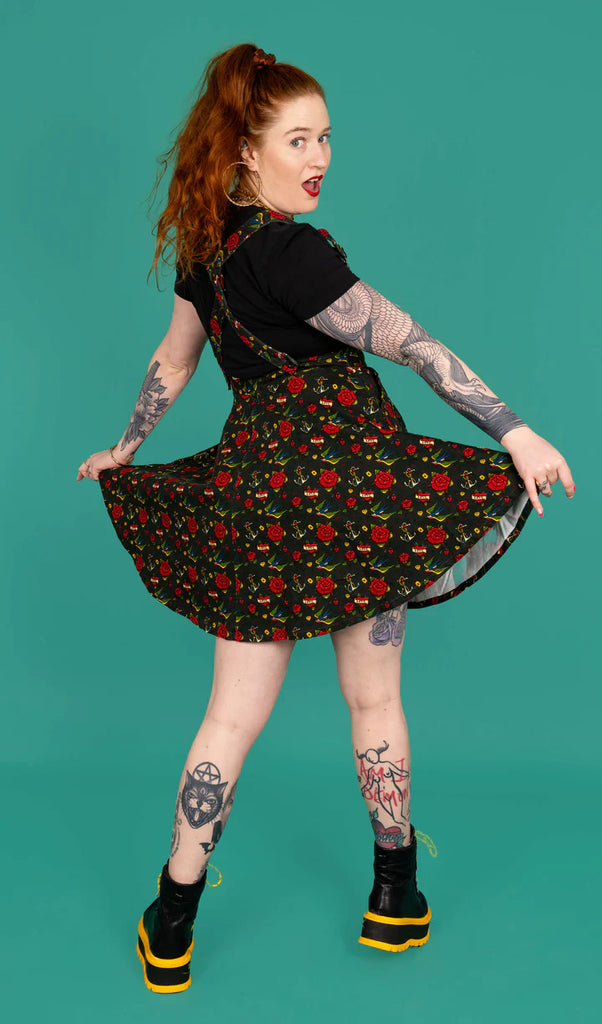 run and fly tattoo dress pinafore flares 