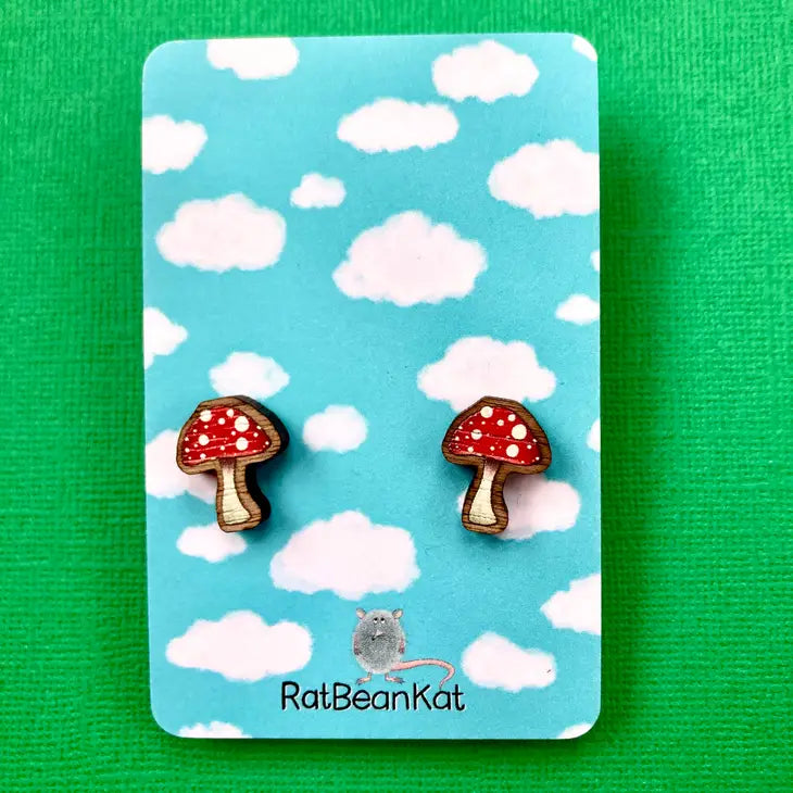 Little Wooden Mushroom Stud Earrings by RatBeanKat.